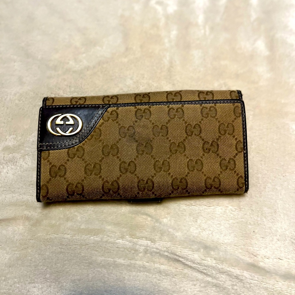 Authentic Gucci monogram canvas long tri-fold wallet